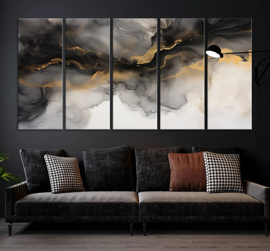 A modern living room highlights the Smoke Abstract Wall Art Canvas Print with museum-quality canvas and UV-protective coating.