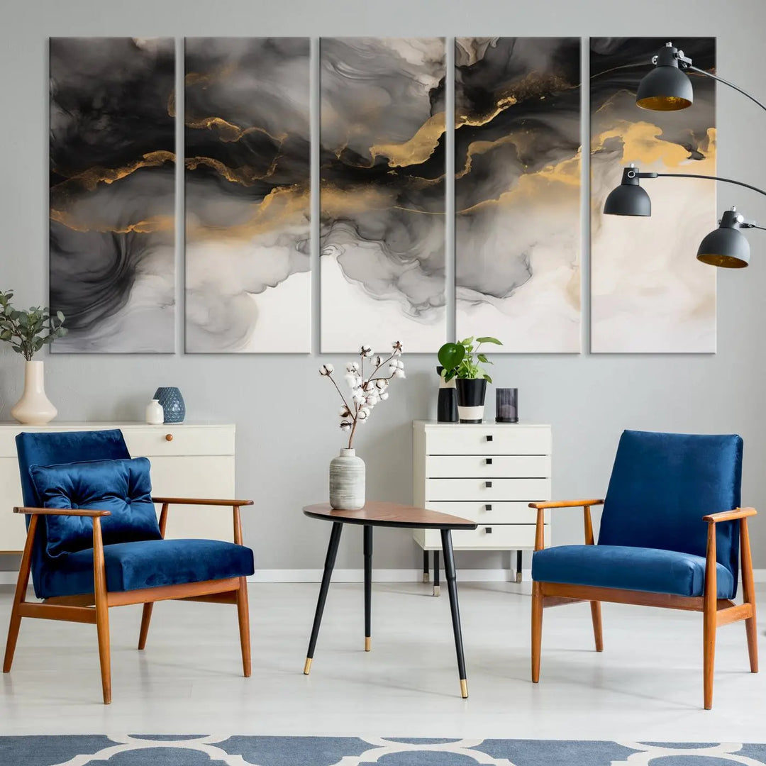 A modern living room highlights the Smoke Abstract Wall Art Canvas Print with museum-quality canvas and UV-protective coating.