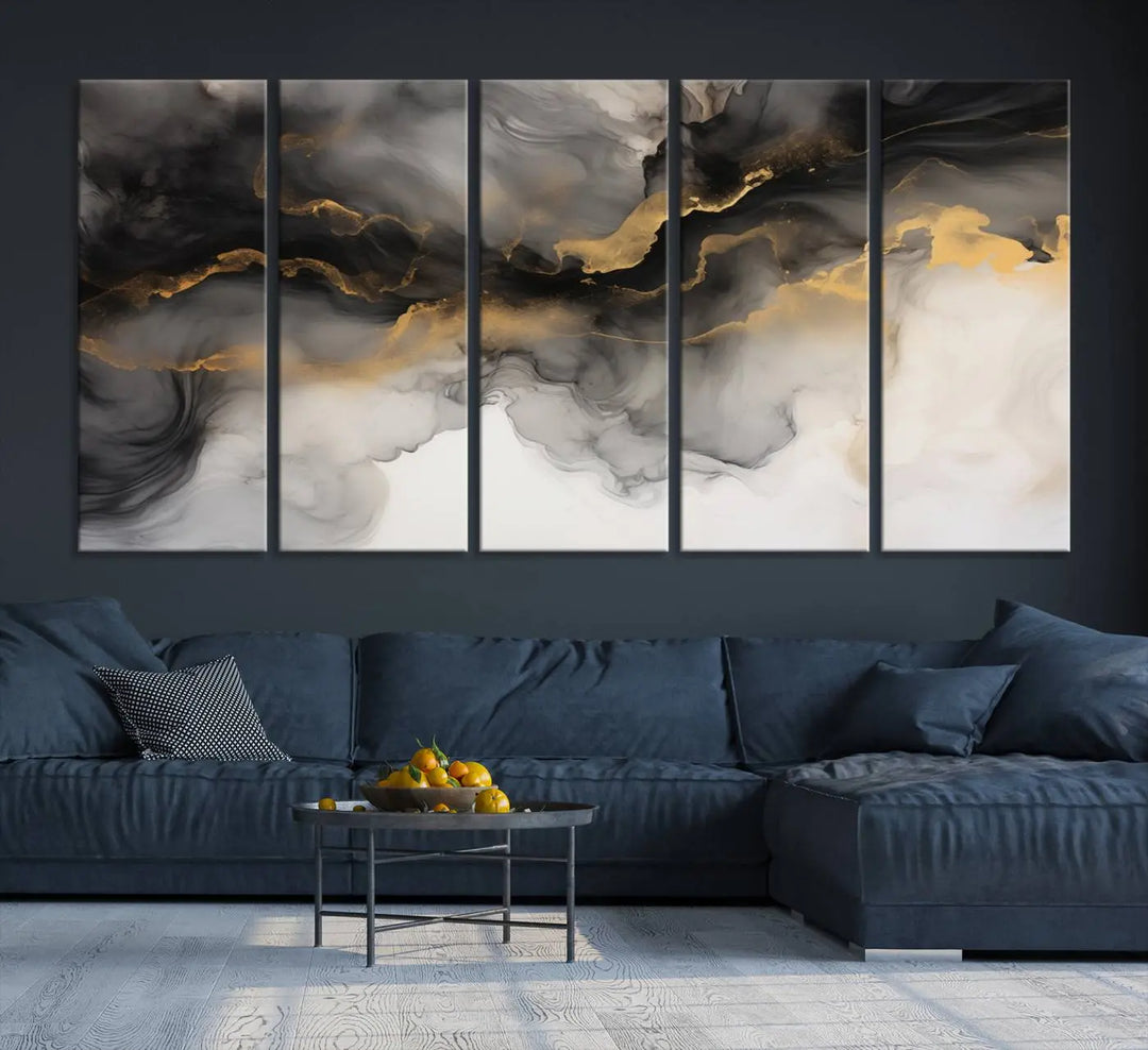 A modern living room highlights the Smoke Abstract Wall Art Canvas Print with museum-quality canvas and UV-protective coating.