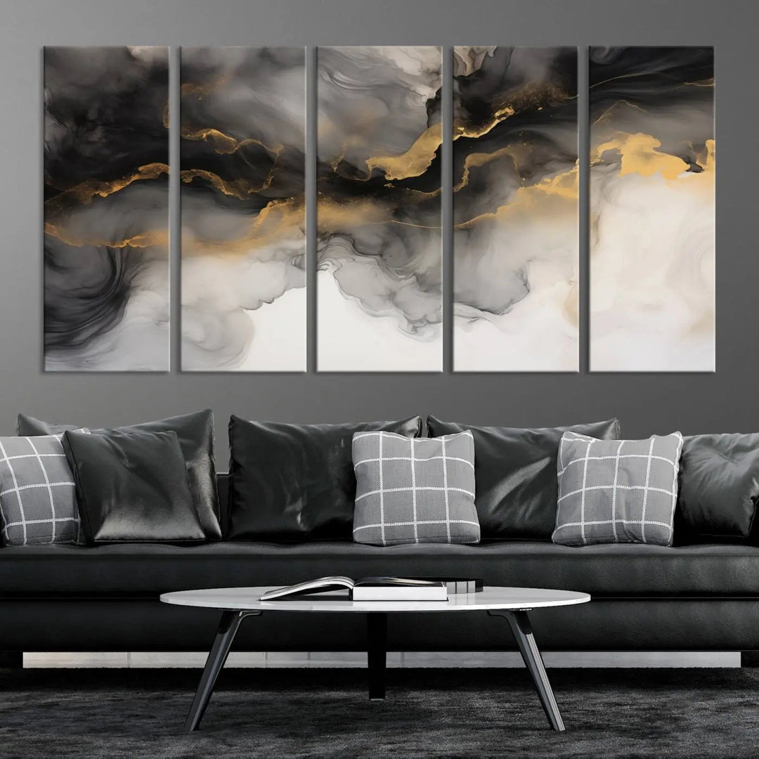 A modern living room highlights the Smoke Abstract Wall Art Canvas Print with museum-quality canvas and UV-protective coating.