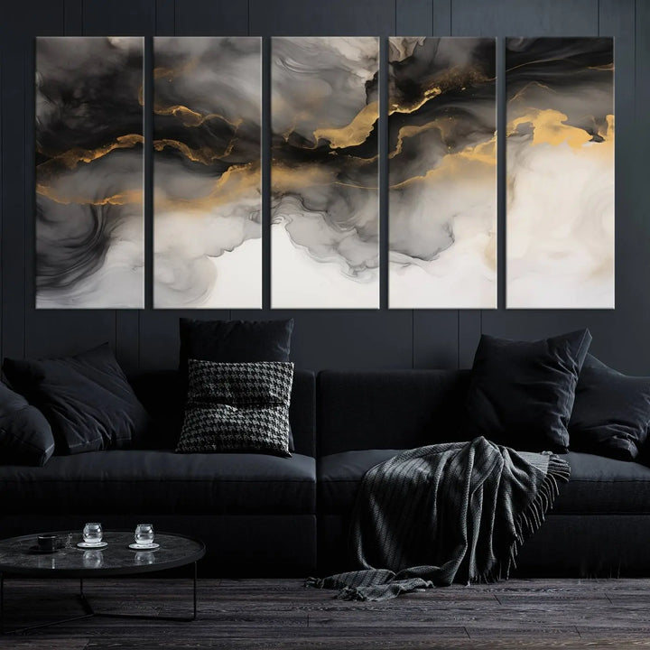 A modern living room highlights the Smoke Abstract Wall Art Canvas Print with museum-quality canvas and UV-protective coating.