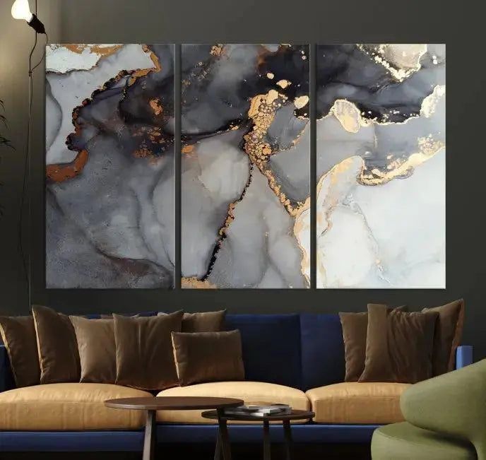 Introduce the Smoke Marble Fluid Effect Wall Art Abstract Canvas Wall Art Print, showcasing rich dark and gold tones on a gallery-wrapped, museum-quality canvas with UV-protective coating.