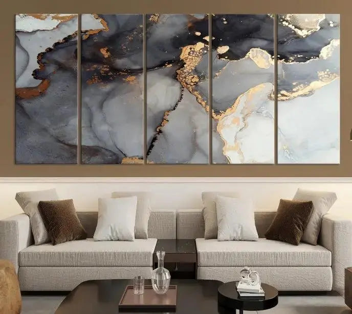 Introduce the Smoke Marble Fluid Effect Wall Art Abstract Canvas Wall Art Print, showcasing rich dark and gold tones on a gallery-wrapped, museum-quality canvas with UV-protective coating.