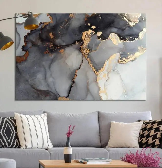 Introduce the Smoke Marble Fluid Effect Wall Art Abstract Canvas Wall Art Print, showcasing rich dark and gold tones on a gallery-wrapped, museum-quality canvas with UV-protective coating.