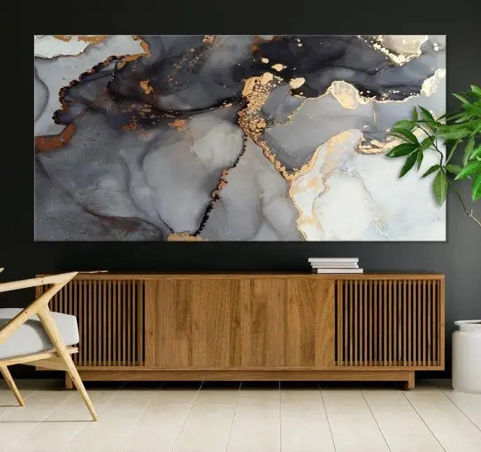 Introduce the Smoke Marble Fluid Effect Wall Art Abstract Canvas Wall Art Print, showcasing rich dark and gold tones on a gallery-wrapped, museum-quality canvas with UV-protective coating.