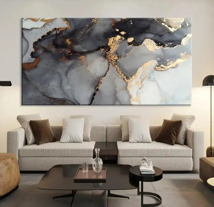 Introduce the Smoke Marble Fluid Effect Wall Art Abstract Canvas Wall Art Print, showcasing rich dark and gold tones on a gallery-wrapped, museum-quality canvas with UV-protective coating.