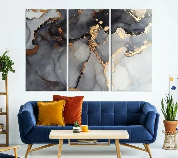 Introduce the Smoke Marble Fluid Effect Wall Art Abstract Canvas Wall Art Print, showcasing rich dark and gold tones on a gallery-wrapped, museum-quality canvas with UV-protective coating.