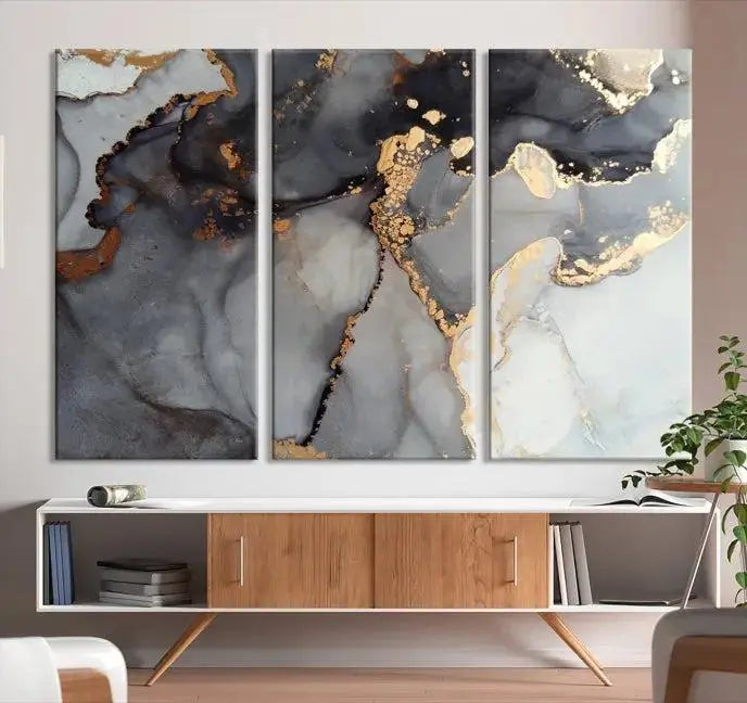 Introduce the Smoke Marble Fluid Effect Wall Art Abstract Canvas Wall Art Print, showcasing rich dark and gold tones on a gallery-wrapped, museum-quality canvas with UV-protective coating.