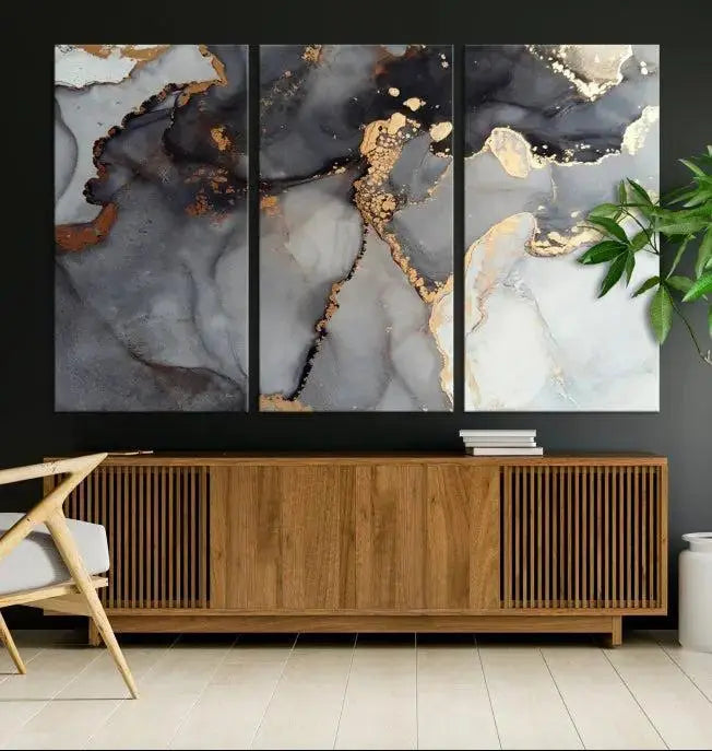 Introduce the Smoke Marble Fluid Effect Wall Art Abstract Canvas Wall Art Print, showcasing rich dark and gold tones on a gallery-wrapped, museum-quality canvas with UV-protective coating.