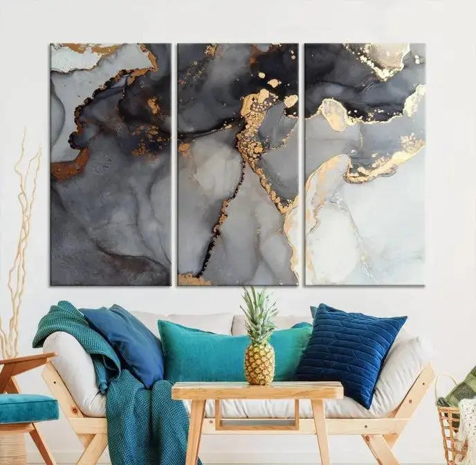 Introduce the Smoke Marble Fluid Effect Wall Art Abstract Canvas Wall Art Print, showcasing rich dark and gold tones on a gallery-wrapped, museum-quality canvas with UV-protective coating.