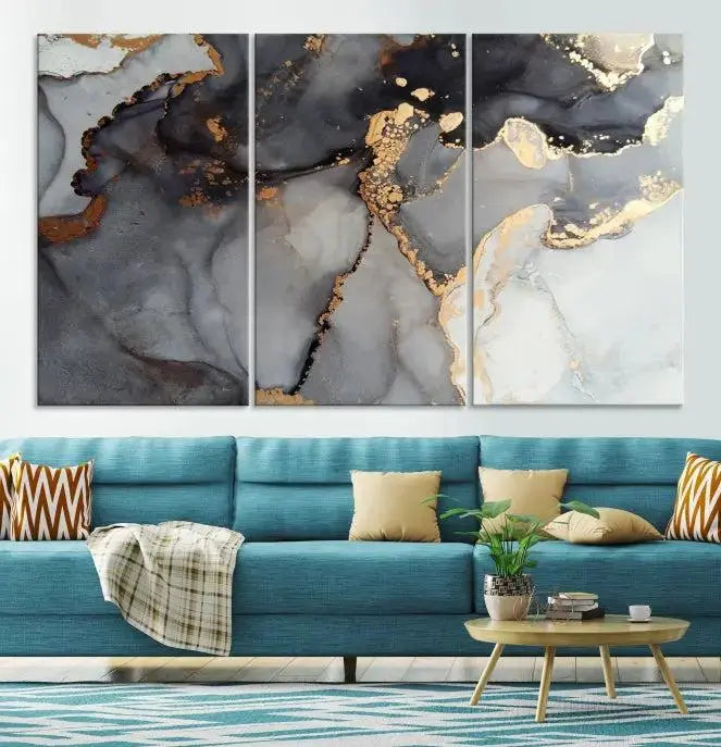 Introduce the Smoke Marble Fluid Effect Wall Art Abstract Canvas Wall Art Print, showcasing rich dark and gold tones on a gallery-wrapped, museum-quality canvas with UV-protective coating.