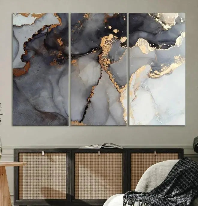 Introduce the Smoke Marble Fluid Effect Wall Art Abstract Canvas Wall Art Print, showcasing rich dark and gold tones on a gallery-wrapped, museum-quality canvas with UV-protective coating.