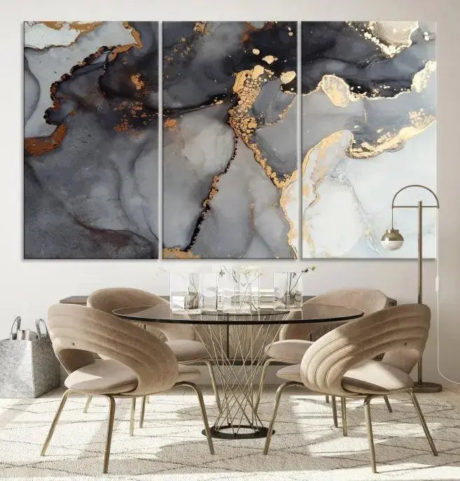 Introduce the Smoke Marble Fluid Effect Wall Art Abstract Canvas Wall Art Print, showcasing rich dark and gold tones on a gallery-wrapped, museum-quality canvas with UV-protective coating.