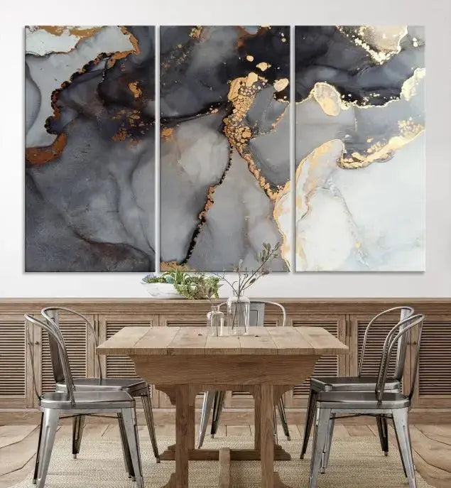 Introduce the Smoke Marble Fluid Effect Wall Art Abstract Canvas Wall Art Print, showcasing rich dark and gold tones on a gallery-wrapped, museum-quality canvas with UV-protective coating.