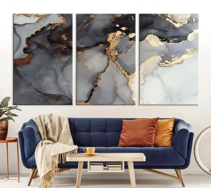 Introduce the Smoke Marble Fluid Effect Wall Art Abstract Canvas Wall Art Print, showcasing rich dark and gold tones on a gallery-wrapped, museum-quality canvas with UV-protective coating.