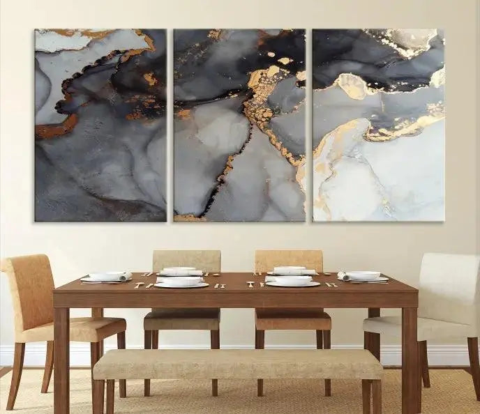 Introduce the Smoke Marble Fluid Effect Wall Art Abstract Canvas Wall Art Print, showcasing rich dark and gold tones on a gallery-wrapped, museum-quality canvas with UV-protective coating.