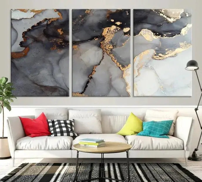 Introduce the Smoke Marble Fluid Effect Wall Art Abstract Canvas Wall Art Print, showcasing rich dark and gold tones on a gallery-wrapped, museum-quality canvas with UV-protective coating.