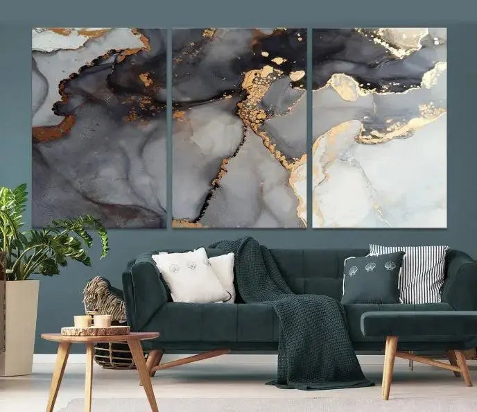 Introduce the Smoke Marble Fluid Effect Wall Art Abstract Canvas Wall Art Print, showcasing rich dark and gold tones on a gallery-wrapped, museum-quality canvas with UV-protective coating.