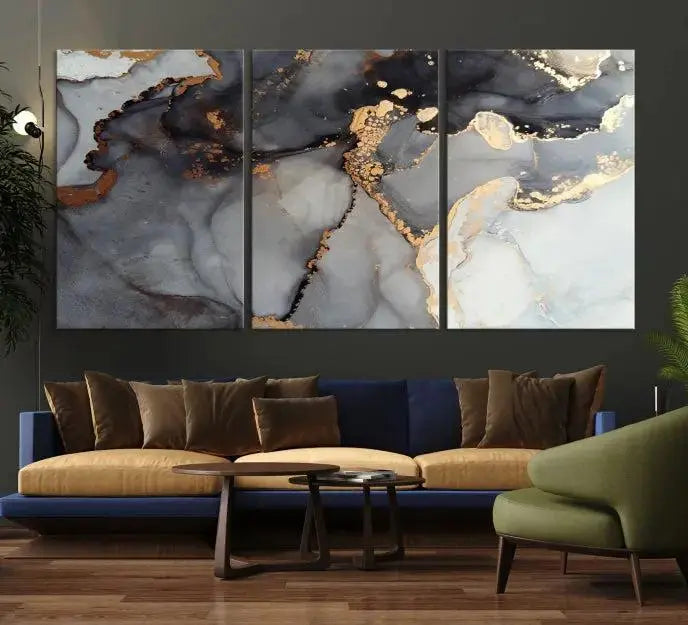 Introduce the Smoke Marble Fluid Effect Wall Art Abstract Canvas Wall Art Print, showcasing rich dark and gold tones on a gallery-wrapped, museum-quality canvas with UV-protective coating.