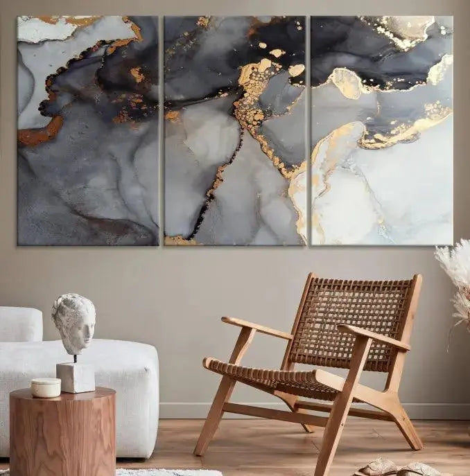 Introduce the Smoke Marble Fluid Effect Wall Art Abstract Canvas Wall Art Print, showcasing rich dark and gold tones on a gallery-wrapped, museum-quality canvas with UV-protective coating.