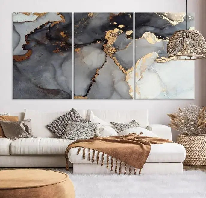 Introduce the Smoke Marble Fluid Effect Wall Art Abstract Canvas Wall Art Print, showcasing rich dark and gold tones on a gallery-wrapped, museum-quality canvas with UV-protective coating.