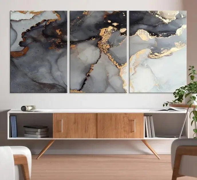 Introduce the Smoke Marble Fluid Effect Wall Art Abstract Canvas Wall Art Print, showcasing rich dark and gold tones on a gallery-wrapped, museum-quality canvas with UV-protective coating.