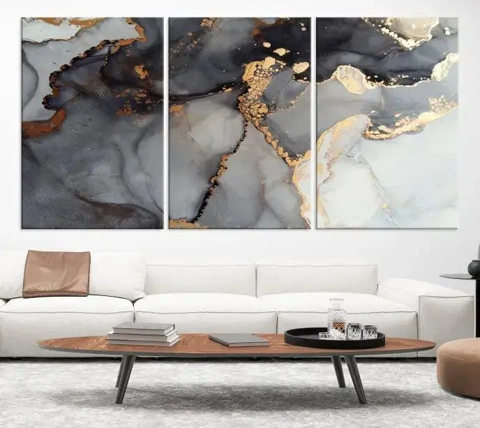 Introduce the Smoke Marble Fluid Effect Wall Art Abstract Canvas Wall Art Print, showcasing rich dark and gold tones on a gallery-wrapped, museum-quality canvas with UV-protective coating.