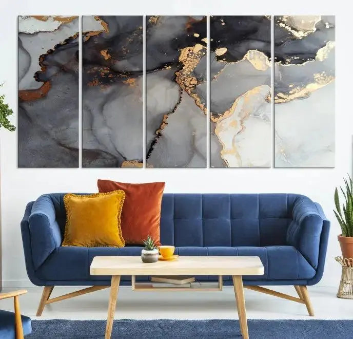 Introduce the Smoke Marble Fluid Effect Wall Art Abstract Canvas Wall Art Print, showcasing rich dark and gold tones on a gallery-wrapped, museum-quality canvas with UV-protective coating.