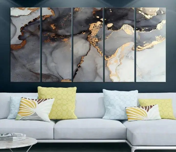 Introduce the Smoke Marble Fluid Effect Wall Art Abstract Canvas Wall Art Print, showcasing rich dark and gold tones on a gallery-wrapped, museum-quality canvas with UV-protective coating.