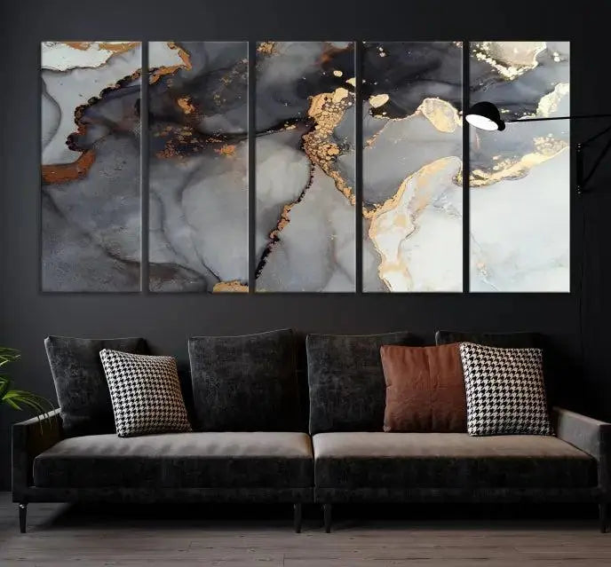 Introduce the Smoke Marble Fluid Effect Wall Art Abstract Canvas Wall Art Print, showcasing rich dark and gold tones on a gallery-wrapped, museum-quality canvas with UV-protective coating.