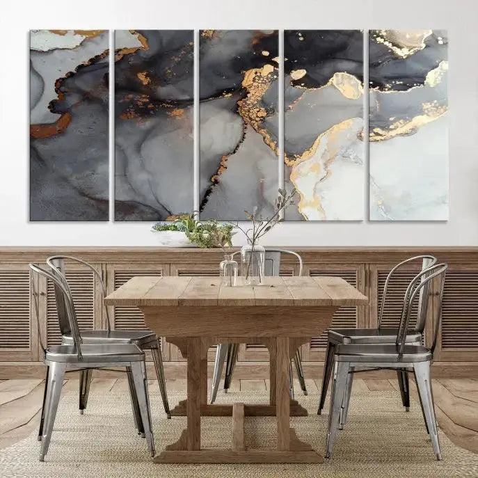 Introduce the Smoke Marble Fluid Effect Wall Art Abstract Canvas Wall Art Print, showcasing rich dark and gold tones on a gallery-wrapped, museum-quality canvas with UV-protective coating.