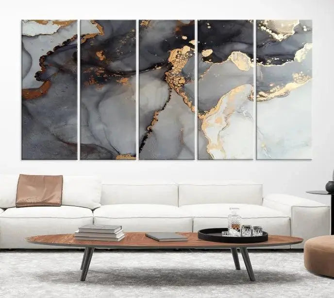 Introduce the Smoke Marble Fluid Effect Wall Art Abstract Canvas Wall Art Print, showcasing rich dark and gold tones on a gallery-wrapped, museum-quality canvas with UV-protective coating.