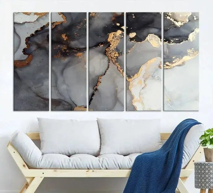 Introduce the Smoke Marble Fluid Effect Wall Art Abstract Canvas Wall Art Print, showcasing rich dark and gold tones on a gallery-wrapped, museum-quality canvas with UV-protective coating.