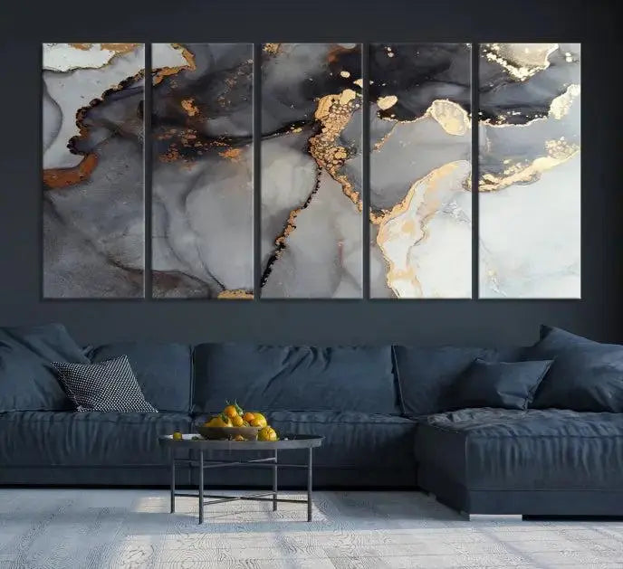 Introduce the Smoke Marble Fluid Effect Wall Art Abstract Canvas Wall Art Print, showcasing rich dark and gold tones on a gallery-wrapped, museum-quality canvas with UV-protective coating.