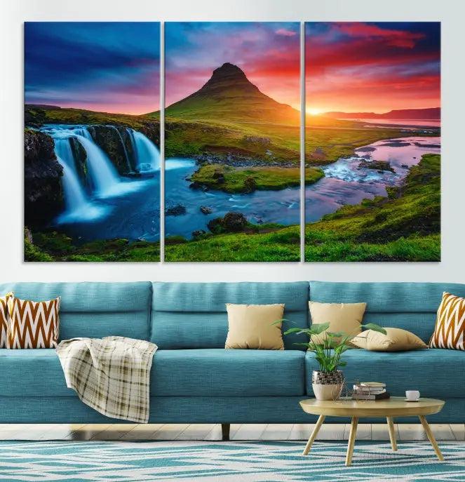 The living room displays a triptych wall art titled "Snaefellsjökull Nal Park and Kirkjufell Mountain," which captures a stunning sunset over a mountain and waterfall on museum-quality canvas. Each piece of the artwork is treated with UV-protective coating to ensure long-lasting vibrancy.