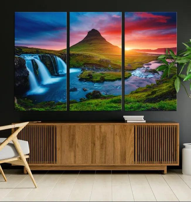 The living room displays a triptych wall art titled "Snaefellsjökull Nal Park and Kirkjufell Mountain," which captures a stunning sunset over a mountain and waterfall on museum-quality canvas. Each piece of the artwork is treated with UV-protective coating to ensure long-lasting vibrancy.