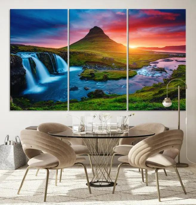 The living room displays a triptych wall art titled "Snaefellsjökull Nal Park and Kirkjufell Mountain," which captures a stunning sunset over a mountain and waterfall on museum-quality canvas. Each piece of the artwork is treated with UV-protective coating to ensure long-lasting vibrancy.