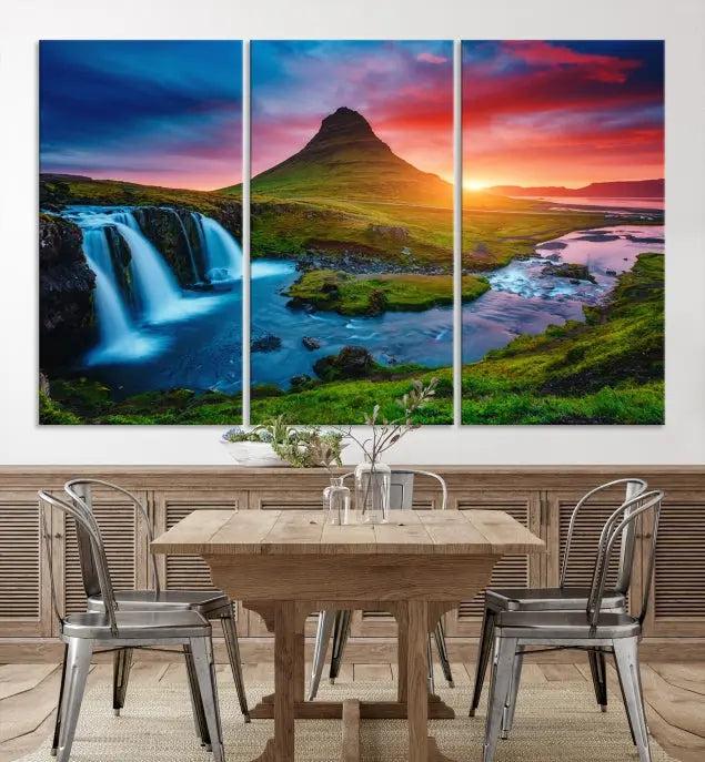 The living room displays a triptych wall art titled "Snaefellsjökull Nal Park and Kirkjufell Mountain," which captures a stunning sunset over a mountain and waterfall on museum-quality canvas. Each piece of the artwork is treated with UV-protective coating to ensure long-lasting vibrancy.