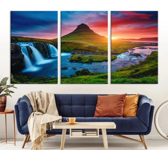 The living room displays a triptych wall art titled "Snaefellsjökull Nal Park and Kirkjufell Mountain," which captures a stunning sunset over a mountain and waterfall on museum-quality canvas. Each piece of the artwork is treated with UV-protective coating to ensure long-lasting vibrancy.