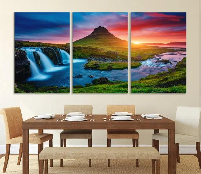 The living room displays a triptych wall art titled "Snaefellsjökull Nal Park and Kirkjufell Mountain," which captures a stunning sunset over a mountain and waterfall on museum-quality canvas. Each piece of the artwork is treated with UV-protective coating to ensure long-lasting vibrancy.