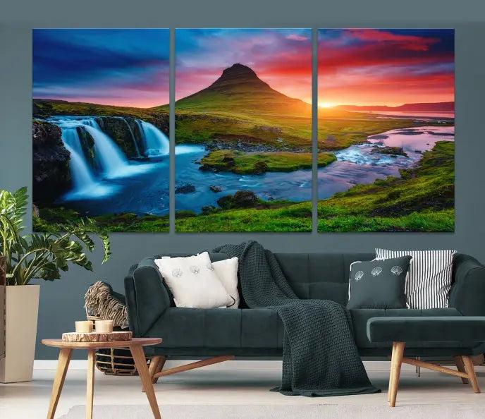 The living room displays a triptych wall art titled "Snaefellsjökull Nal Park and Kirkjufell Mountain," which captures a stunning sunset over a mountain and waterfall on museum-quality canvas. Each piece of the artwork is treated with UV-protective coating to ensure long-lasting vibrancy.