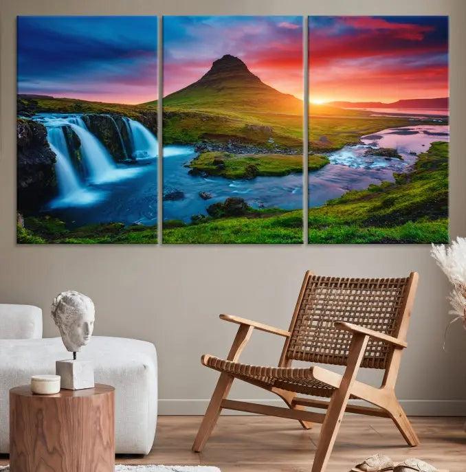 The living room displays a triptych wall art titled "Snaefellsjökull Nal Park and Kirkjufell Mountain," which captures a stunning sunset over a mountain and waterfall on museum-quality canvas. Each piece of the artwork is treated with UV-protective coating to ensure long-lasting vibrancy.