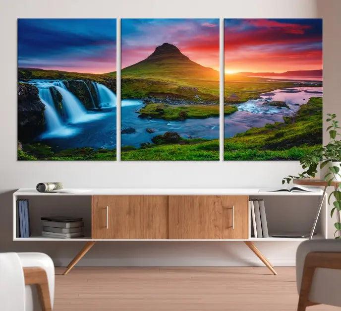 The living room displays a triptych wall art titled "Snaefellsjökull Nal Park and Kirkjufell Mountain," which captures a stunning sunset over a mountain and waterfall on museum-quality canvas. Each piece of the artwork is treated with UV-protective coating to ensure long-lasting vibrancy.