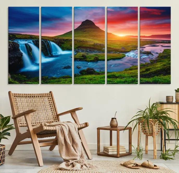 The living room displays a triptych wall art titled "Snaefellsjökull Nal Park and Kirkjufell Mountain," which captures a stunning sunset over a mountain and waterfall on museum-quality canvas. Each piece of the artwork is treated with UV-protective coating to ensure long-lasting vibrancy.