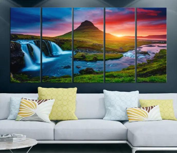 The living room displays a triptych wall art titled "Snaefellsjökull Nal Park and Kirkjufell Mountain," which captures a stunning sunset over a mountain and waterfall on museum-quality canvas. Each piece of the artwork is treated with UV-protective coating to ensure long-lasting vibrancy.