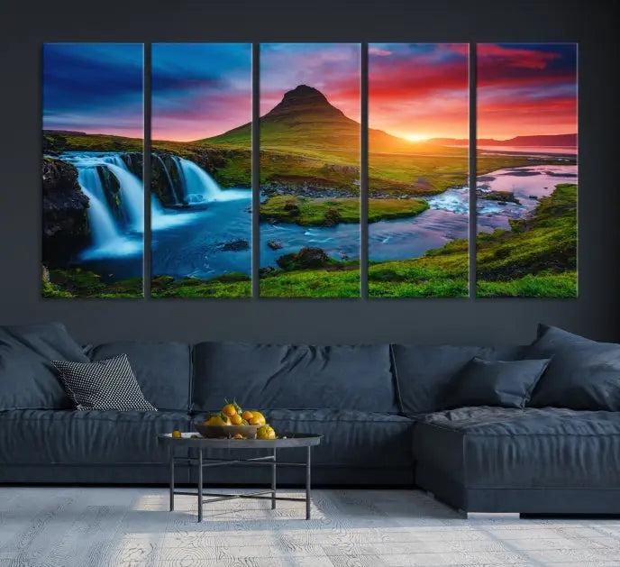 The living room displays a triptych wall art titled "Snaefellsjökull Nal Park and Kirkjufell Mountain," which captures a stunning sunset over a mountain and waterfall on museum-quality canvas. Each piece of the artwork is treated with UV-protective coating to ensure long-lasting vibrancy.