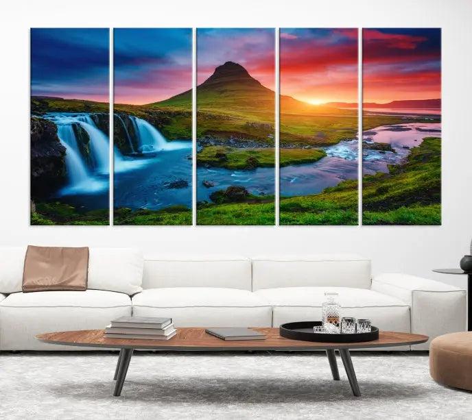 The living room displays a triptych wall art titled "Snaefellsjökull Nal Park and Kirkjufell Mountain," which captures a stunning sunset over a mountain and waterfall on museum-quality canvas. Each piece of the artwork is treated with UV-protective coating to ensure long-lasting vibrancy.