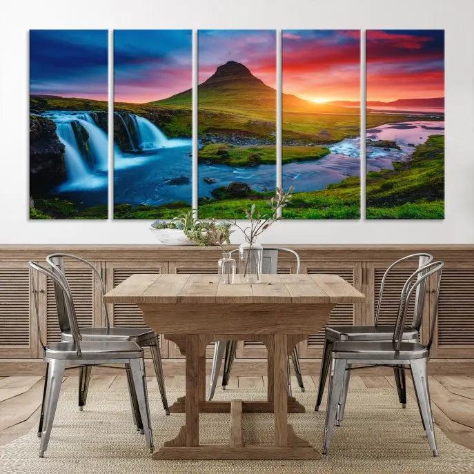 The living room displays a triptych wall art titled "Snaefellsjökull Nal Park and Kirkjufell Mountain," which captures a stunning sunset over a mountain and waterfall on museum-quality canvas. Each piece of the artwork is treated with UV-protective coating to ensure long-lasting vibrancy.