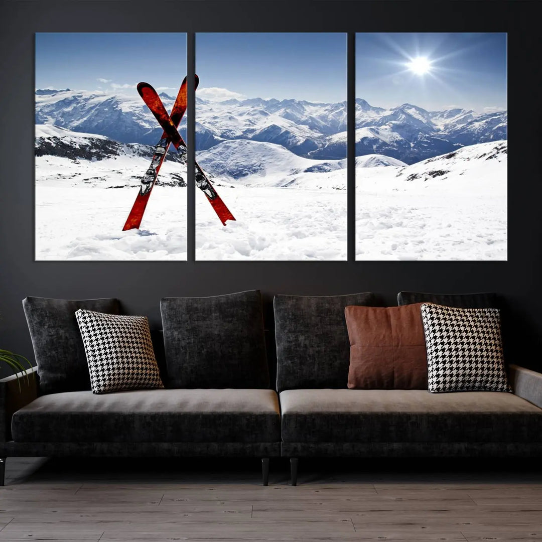 A triptych wall art titled "Snow Mountain Wall Art Canvas Print, Snowboard Sport Wall Art," featuring snow-capped mountains and crossed skis, is printed on museum-quality canvas with a UV-protective coating.