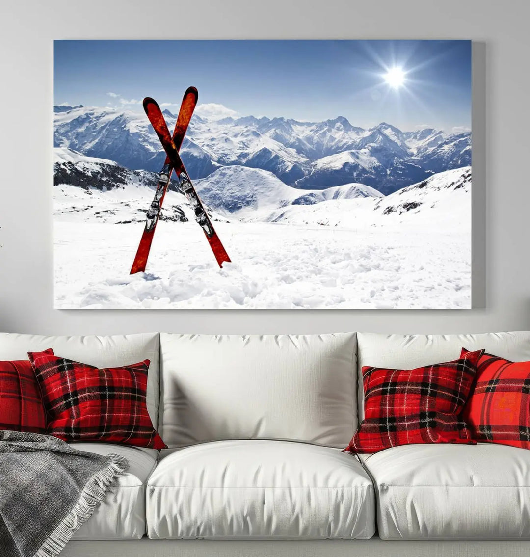 A triptych wall art titled "Snow Mountain Wall Art Canvas Print, Snowboard Sport Wall Art," featuring snow-capped mountains and crossed skis, is printed on museum-quality canvas with a UV-protective coating.